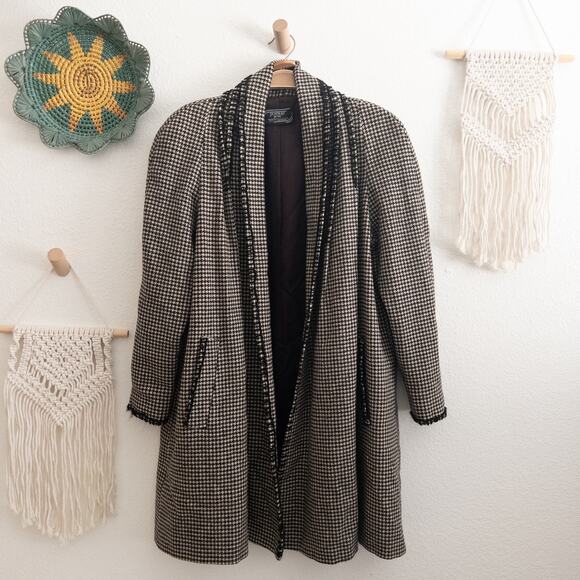 Portrait Petite Houndstooth Longline Coat Cardigan Cream Black Open Front Small - Picture 1 of 11